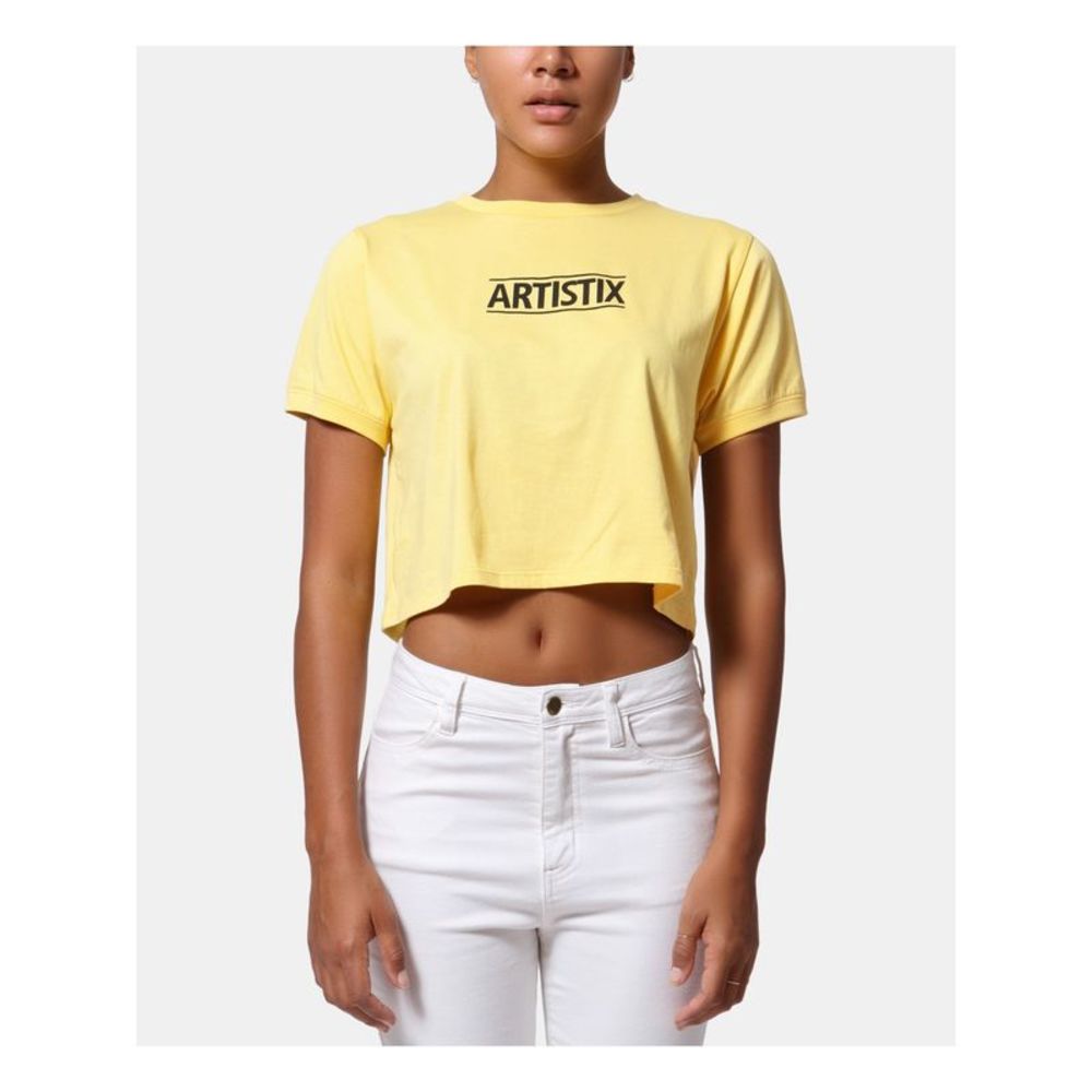ARTISTIX Womens Yellow Logo Short Sleeve Crew Neck Crop Top S